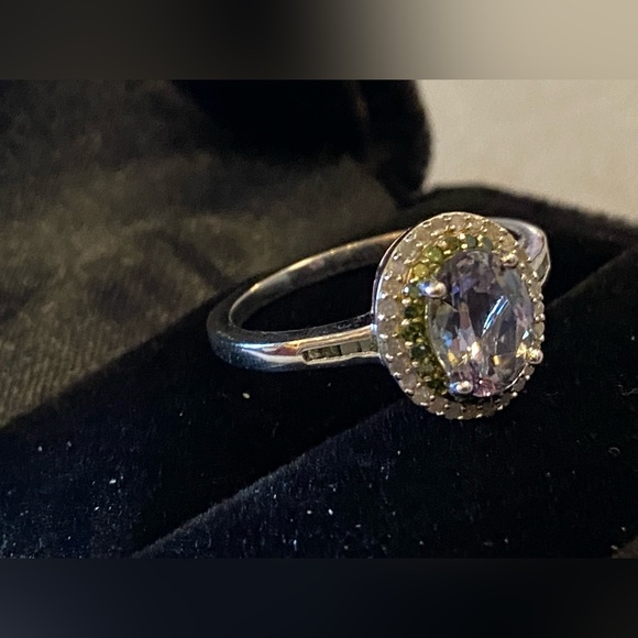 Peacock Tanzanite with Diamond Double Halo Platinum over Sterling Silver Size 8 - Picture 8 of 16